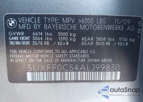 2010 BMW X5 xDrive35D z USA, uszkodzony, nr VIN 5UXFF0C54ALJ99830